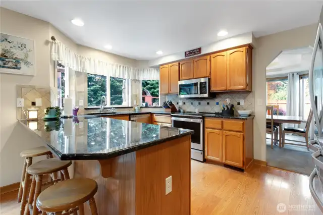 Beautifully designed kitchen featuring granite countertops, stainless steel appliances, and an induction oven. Enjoy a gorgeous view of the backyard from the sink, along with the convenience of a pantry and an eating bar. Thoughtfully located off the dining room, it’s perfect for gatherings, with an adjacent eating area that adds to the functionality and flow.