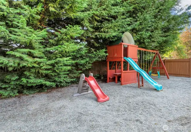 Spacious backyard featuring a gravel area with a large play structure, which is included with the home.
