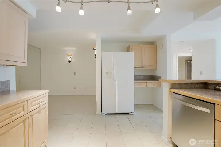 Kitchen has Desk Area and a  Large Pantry Closet