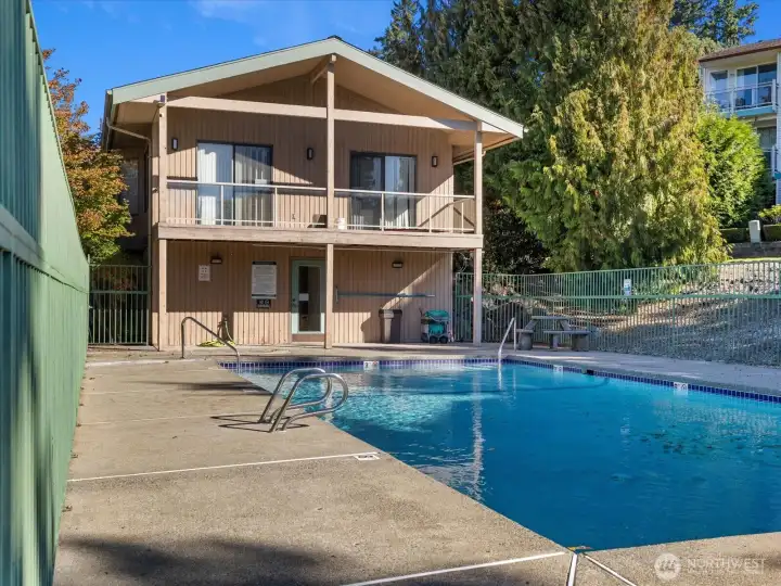 The clubhouse balcony overlooks the outdoor pool.