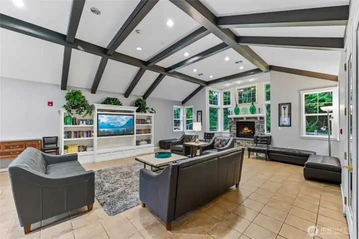 An attached kitchen in the gathering space provides convenient access for food preparation during events.