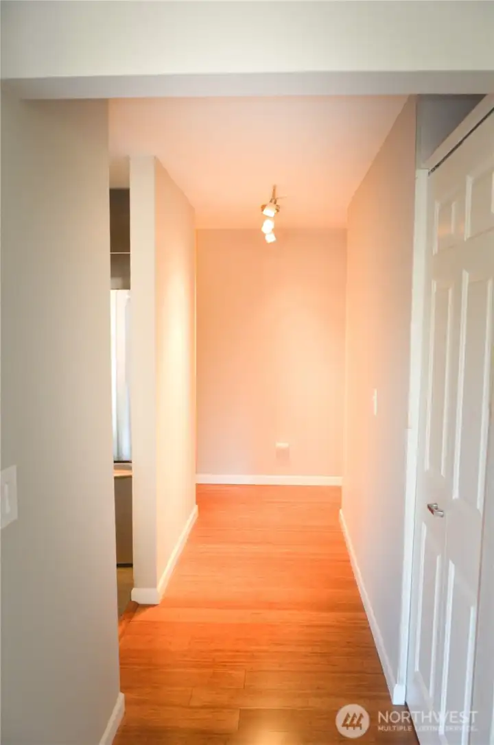 The hall way between kitchen and living room