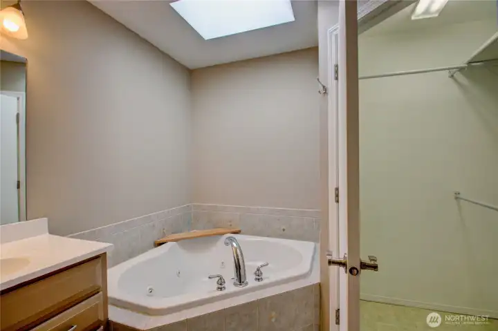 The walk-in closet has ample space.