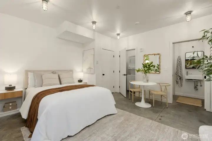 The smart floor plan allows space for a simple existence…a perfect vacation getaway, guest space, or work environment. The kitchenette is just out of the frame here.