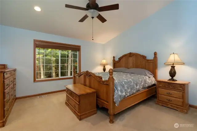 Large Primary Bedroom with vaulted ceilings making it feel huge! Faces the back of the beautifully treed property and gives you a really private, serene feeling.