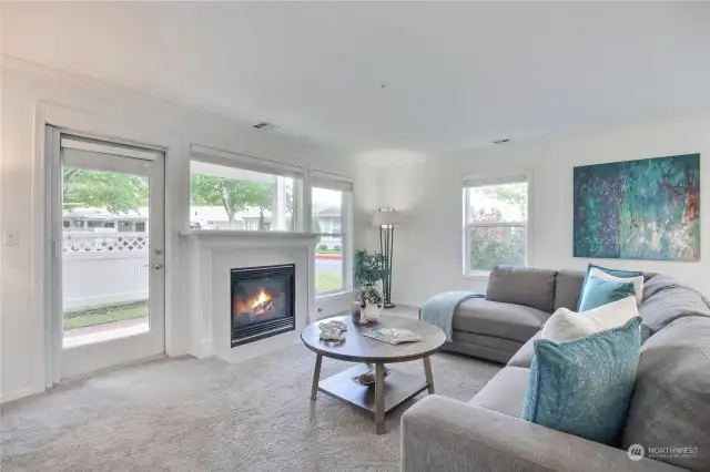 Wonderful living spaces - Living room features lovely gas fireplace, lots of windows, and door to one of two generous sized patios.