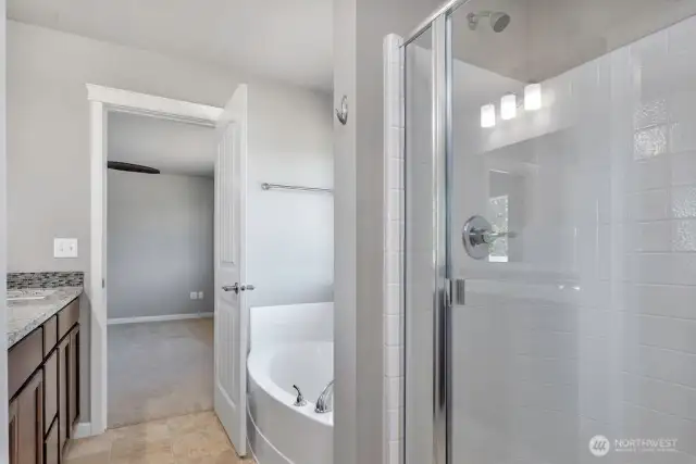 Primary Bath - Tub & Shower – Relax in the soaking tub or enjoy the separate glass-enclosed shower.