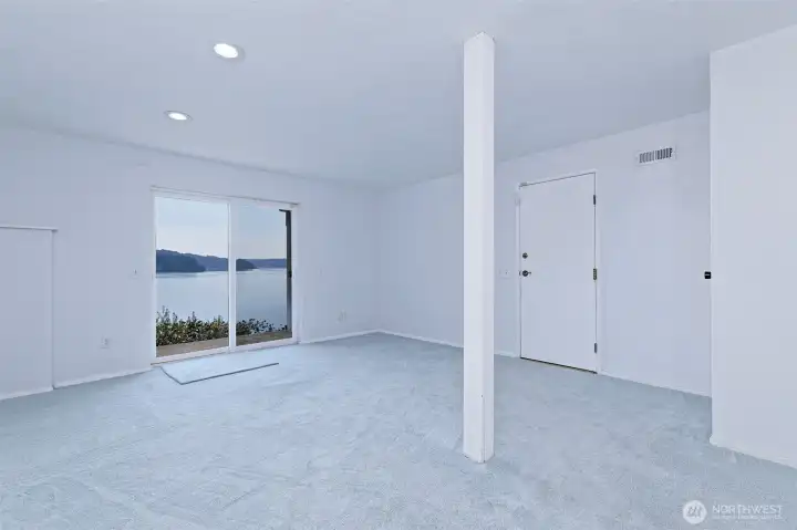 This is the downstairs rec room with a slider to the patio.
