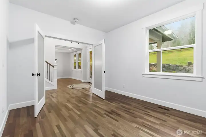French door into office, looking across Foyer into dinning room