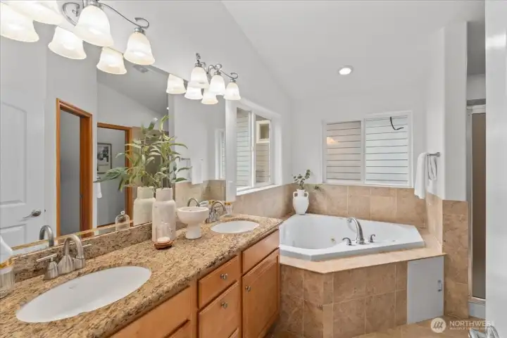 Primary bathroom with dual-sink vanity, granite countertops, and wood cabinetry. Large mirror and multi-light fixtures provide bright, functional lighting.