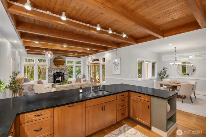 Looking from the kitchen to the dining room and living room.