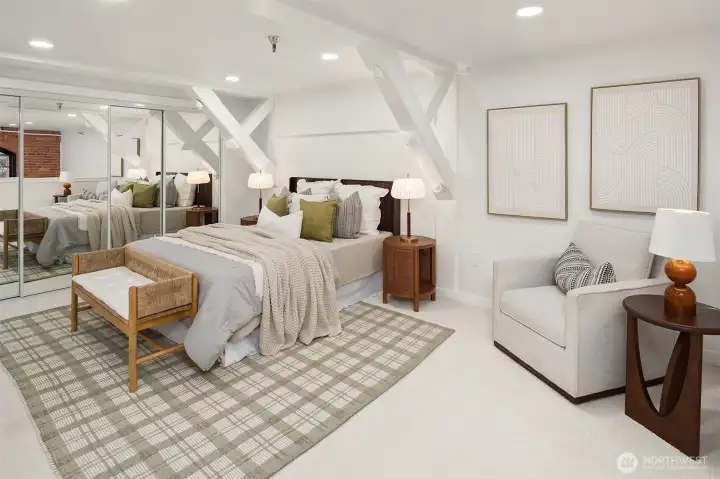 Upstairs lofted bedroom with flexible extra space.