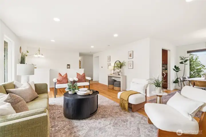 Spacious living room with fireplace and great natural light