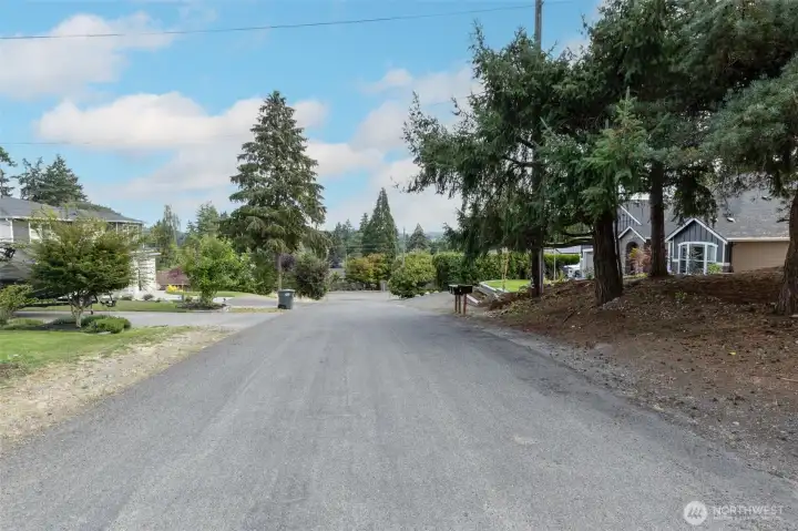 Street view from the front of the house with ample parking, and elevated views of trees, sky, and the surrounding territory
