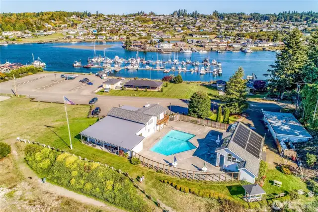 The clubhouse, pool, and the marina.
