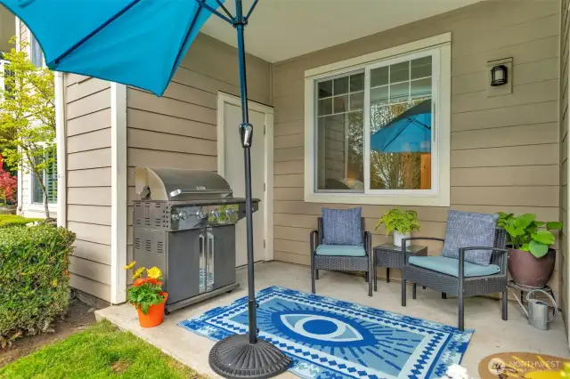 Private covered patio with additional storage