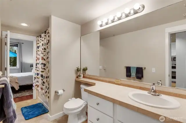 Spacious full bathroom with plenty of storage and shelving.
