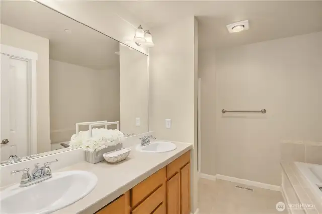 Primary spa-like bath with dual sink vanity and a soaking tub.