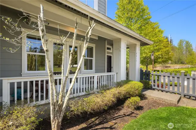 Another view of the front entry with an expanded covered porch and column accents.