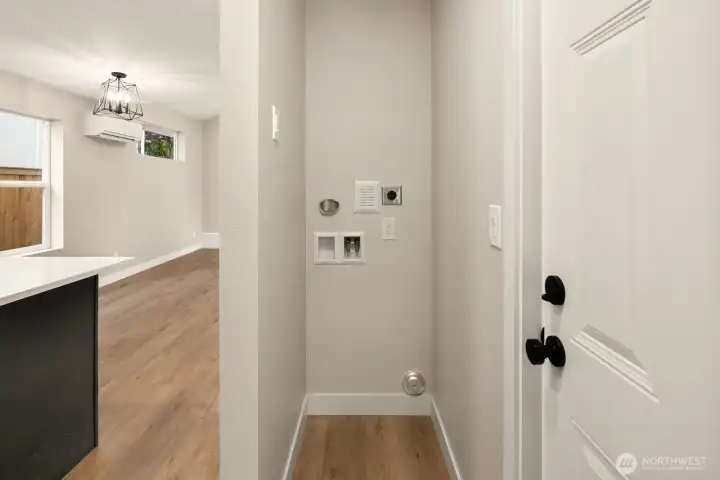 Laundry space for stackable washer and dryer.