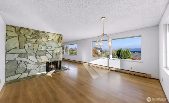 Dining area and stone fireplace