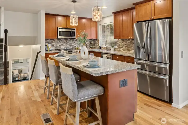 Large island, with additional seating area.