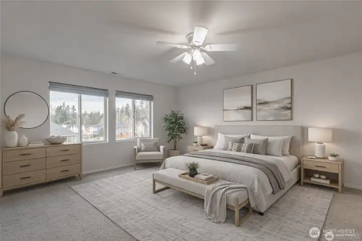 Virtually staged. Another view of the primary bedroom. Calm, neutral tones create a serene retreat.