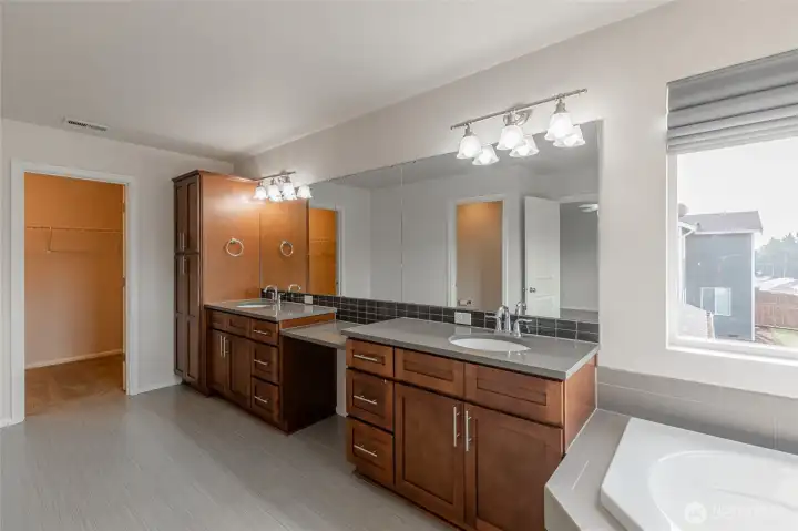 Another view of the primary bath with a walk-in closet.