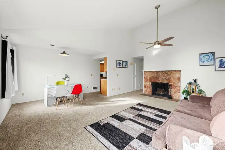 Great room with ceiling fan