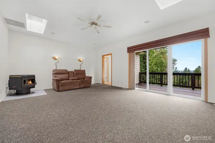 Family room off the kitchen, large slider to access your deck. Pellet stove, skylights and a ceiling fan.