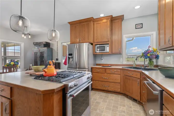 Stainless steel appliances and with Mountain views.