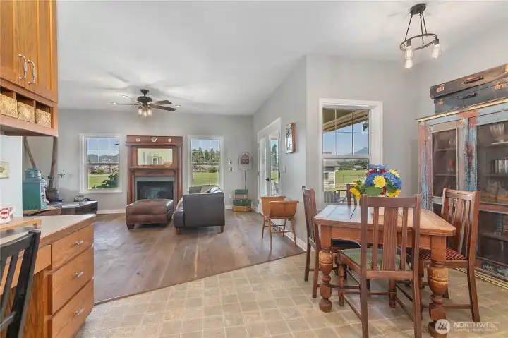 Kitchen seating overlooks living room.