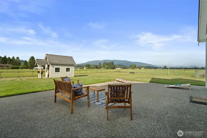 Spacious back yard and patio for entertaining.  Partially fenced yard and fully enclosed area for dogs or small farm animals.