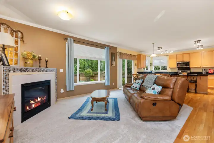 fireplace and large family room with views of your back yard