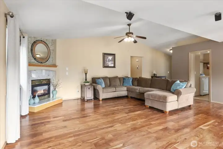 A cozy gas fireplace adds warmth and serves as a natural gathering place during every season.