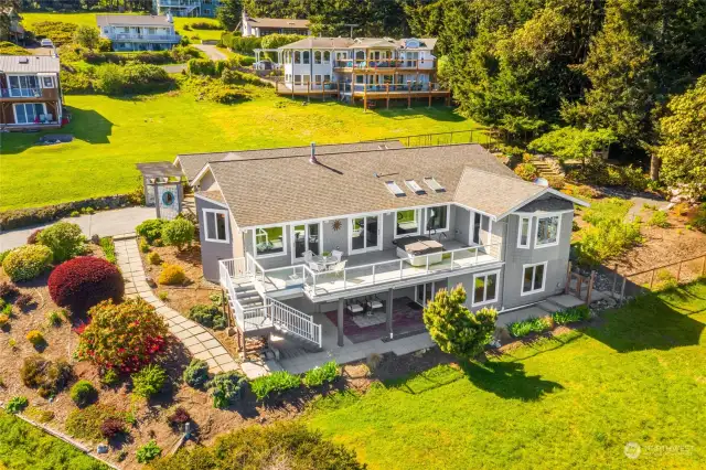 Aerial view of this beautiful home that overlooks Honeymoon Bay and Holmes Harbor