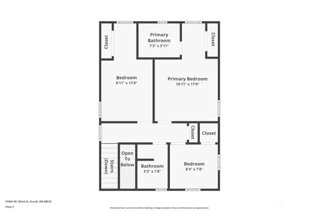The second floor layout features three spacious bedrooms, including a primary suite with a 3/4 bath, along with a full guest bathroom.