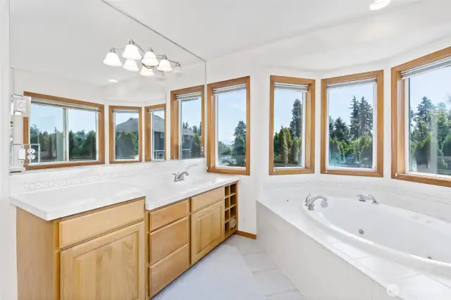 Master Bath with his and hers walk in closets and jetted tub.