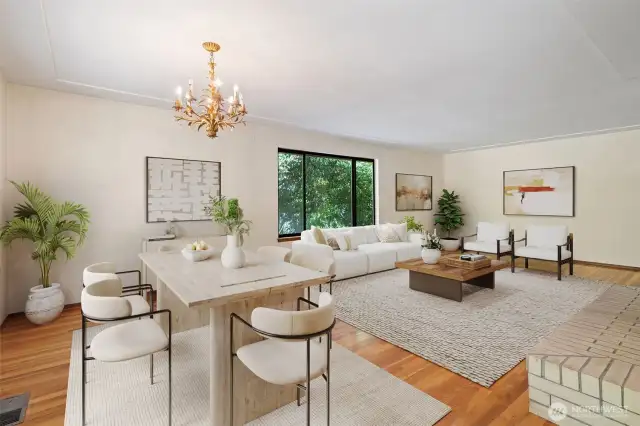Dining room shares the large living room & brick fireplace. Virtually staged to show potential of this space!