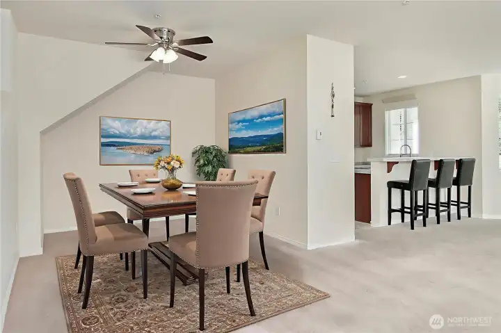 Virtually staged dining area with room for a large table, great for your holiday gatherings.