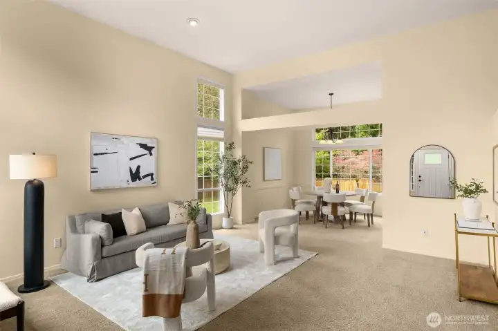 Inside, find cathedral ceilings in the living and dining room spaces