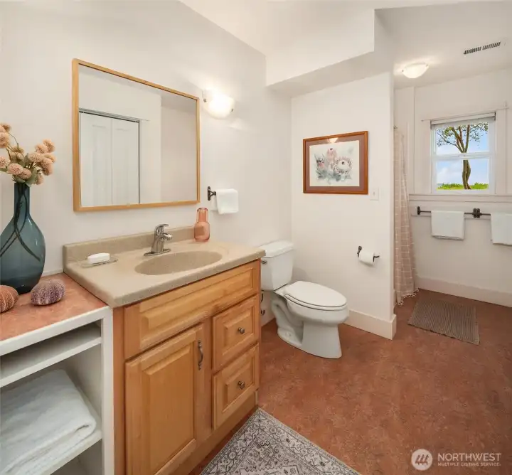 Second bath on lower level with Marmoleum flooring.