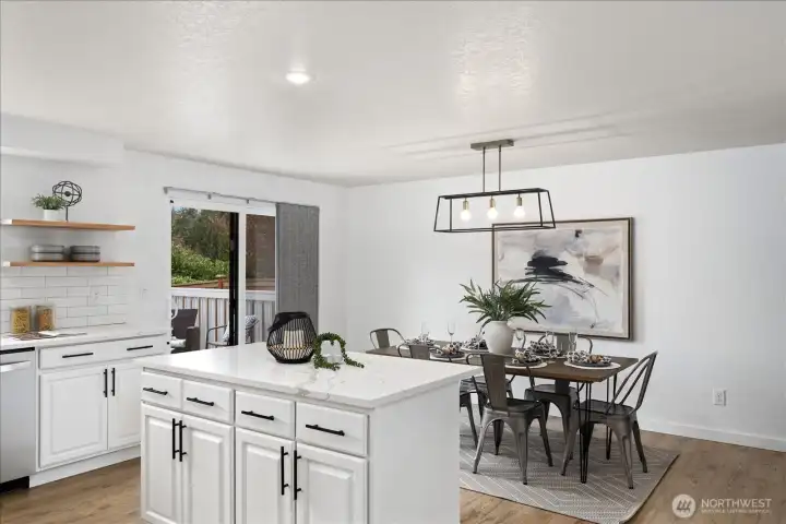 Entertaining is a breeze with an open space for the kitchen and dining area.