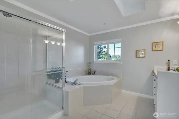 The five piece master bath, which is off the master, featuring a soaking tub.