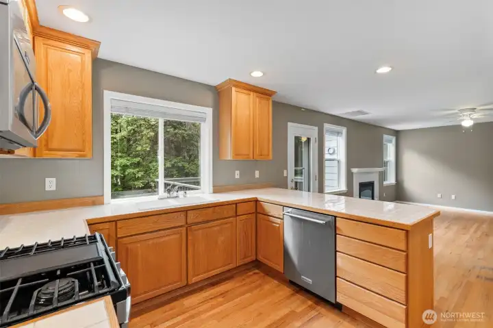 Ample counter space and cabinetry for storage