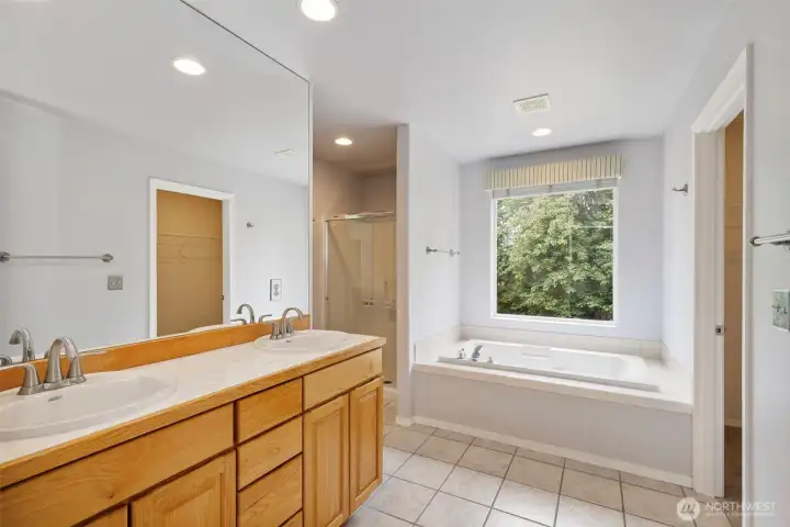 Primary bathroom with soaking tub along with shower