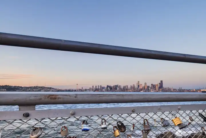 Beautiful walks on Harbor to Alki with lovers locks and stunning views nearby.