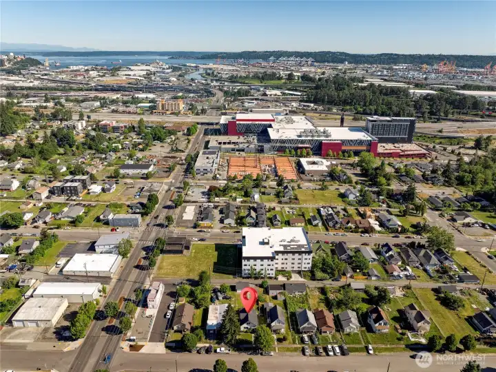 The community with the port in the background