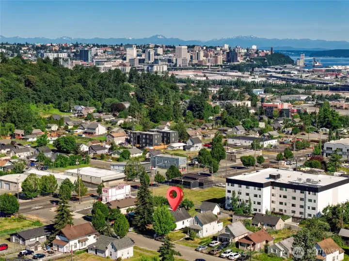 The community with Tacoma in the background