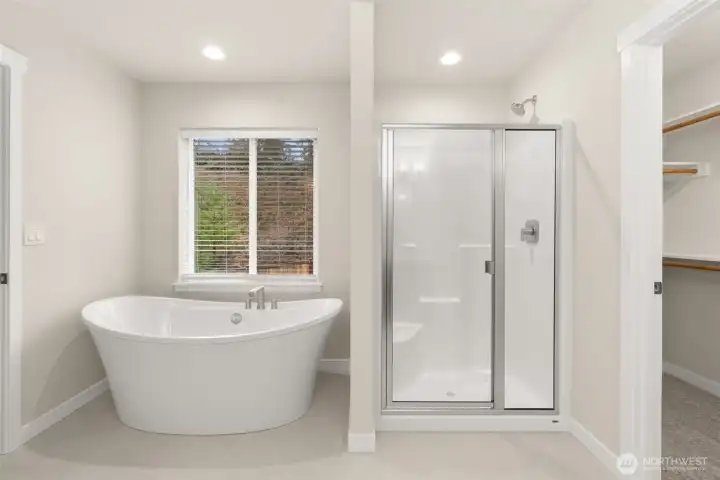 Primary bathroom soaking tub and shower. Primary bathroom soaking tub and shower.